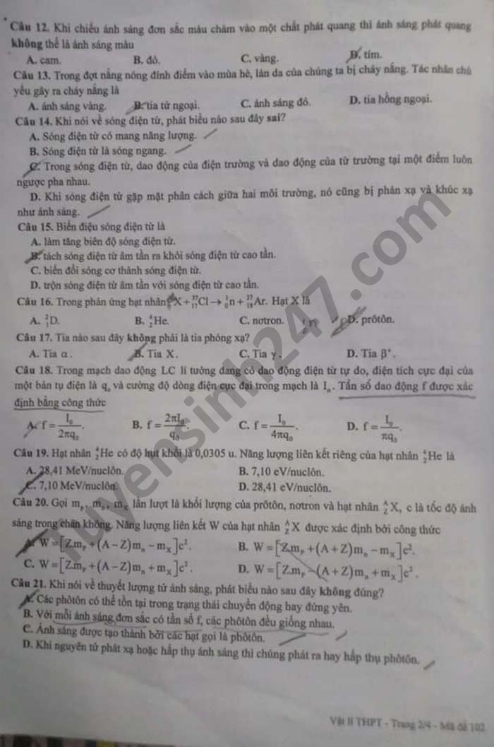 De thi hoc ki 2 - So GD Can Tho mon Ly lop 12 nam 2021