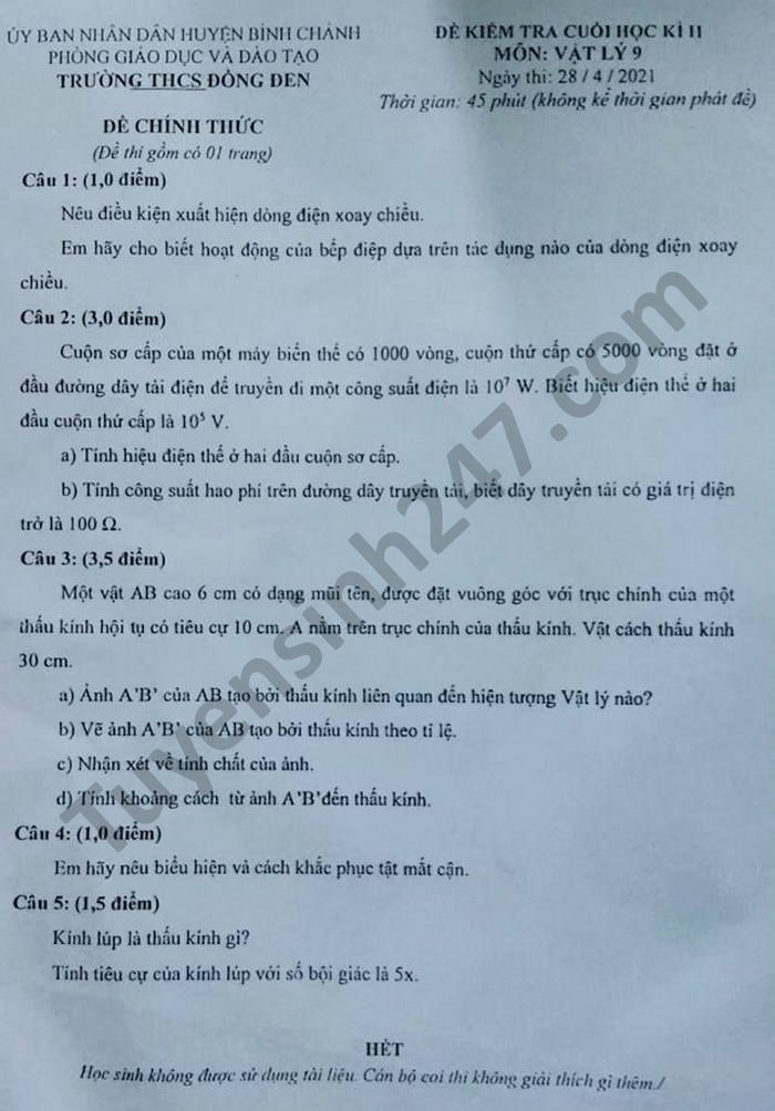 De thi hoc ki 2 mon Ly lop 9 THCS Dong Den nam 2021