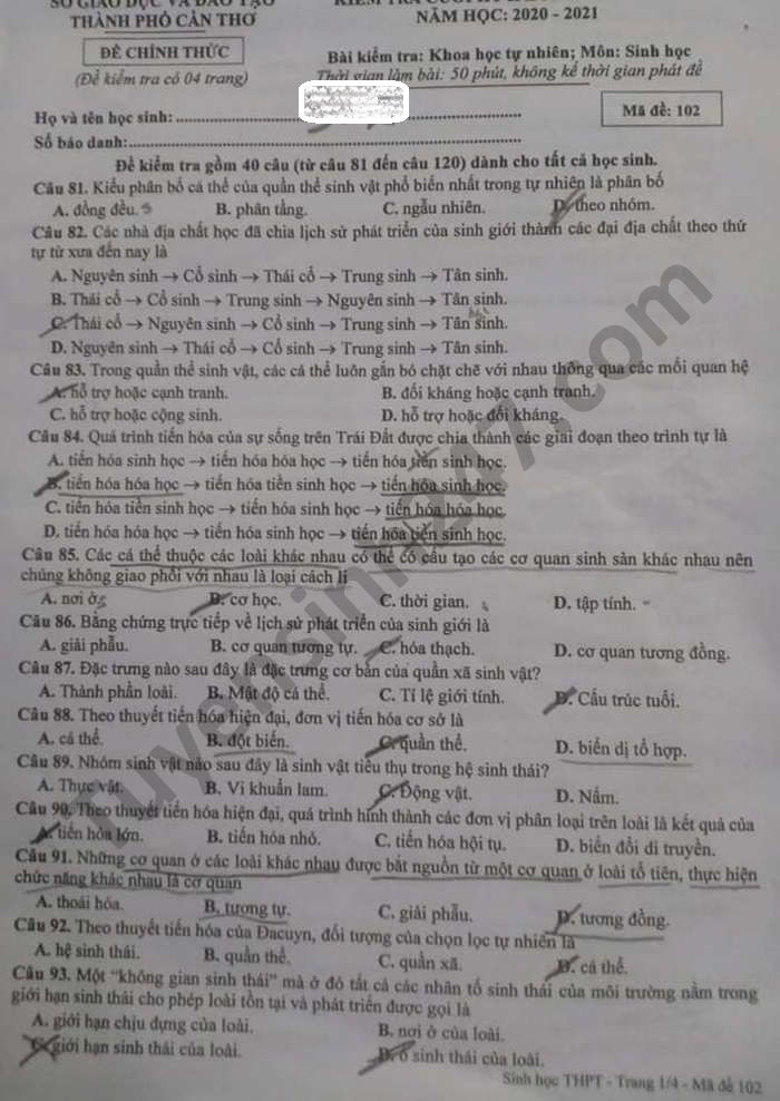 De thi hoc ki 2 mon Sinh lop 12 - So GD Can Tho nam 2021