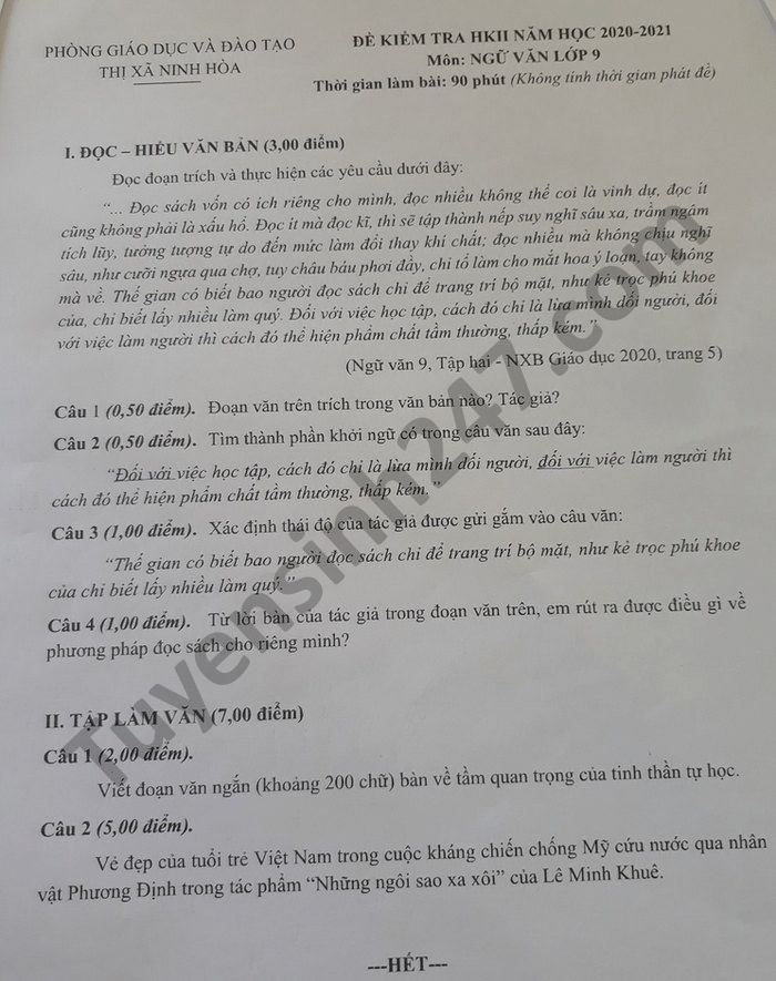 De thi hoc ki 2 mon Van lop 9 Thi xa Ninh Hoa nam 2021