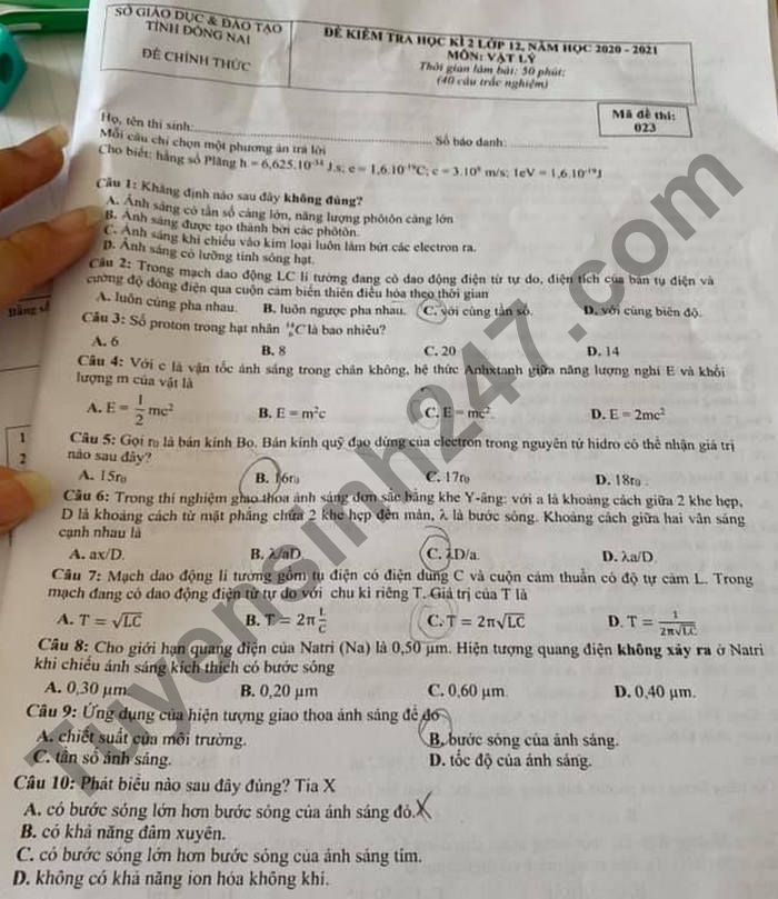 De thi hoc ki 2 lop 12 mon Ly - So GD Dong Nai 2021