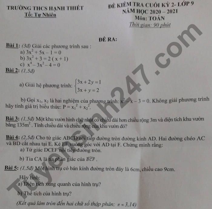 De thi cuoi ki 2 lop 9 mon Toan - THCS Hanh Thiet 2021