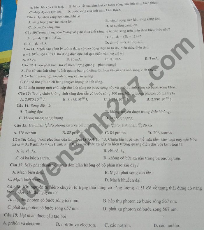 De thi hoc ki 2 mon Ly lop 12 nam 2021 - THPT Dien Chau 3