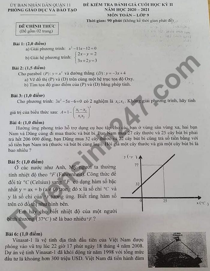 De thi hoc ki 2 nam 2021 mon Toan lop 9 - Quan 11