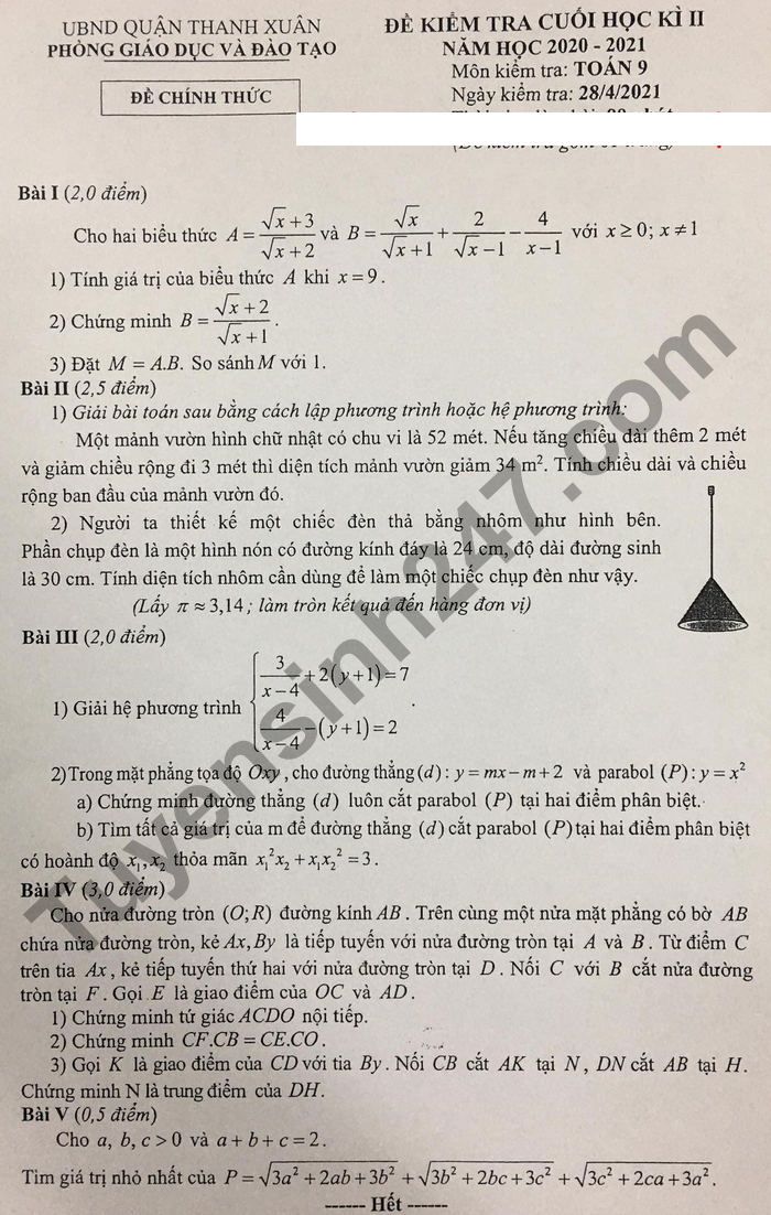 De thi hoc ki 2 mon Toan lop 9 - Quan Thanh Xuan 2021