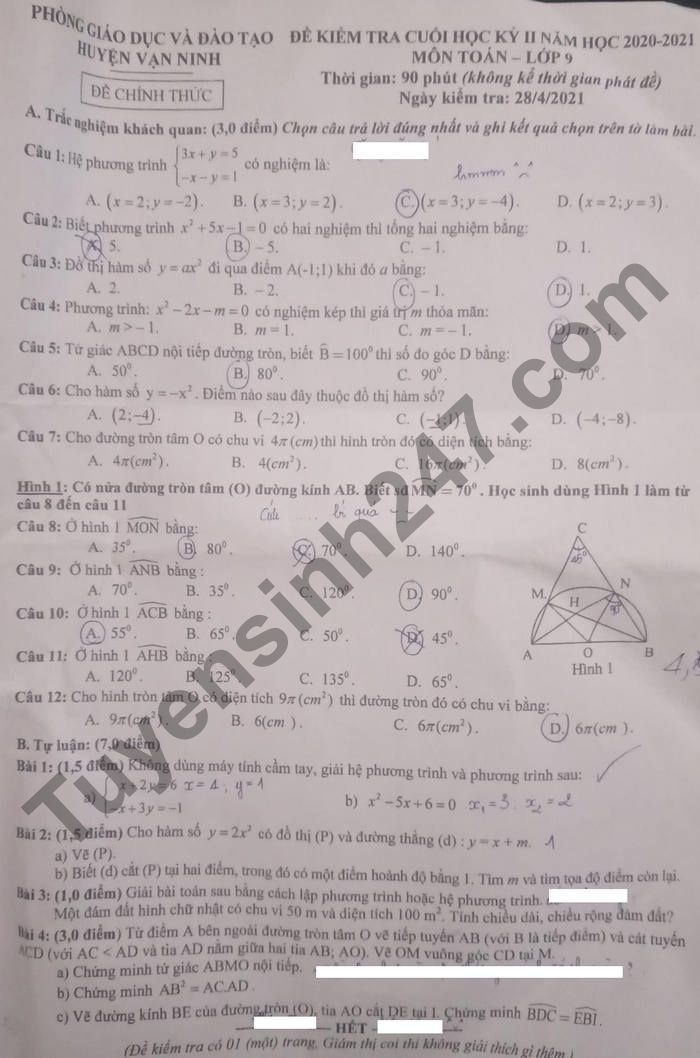 De thi hoc ki 2 nam 2021 mon Toan lop 9 - Huyen Van Ninh