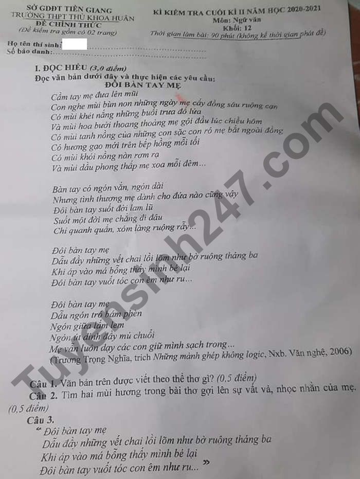 De thi cuoi ki 2 nam 2021 Van lop 12 - THPT Thu Khoa Huan