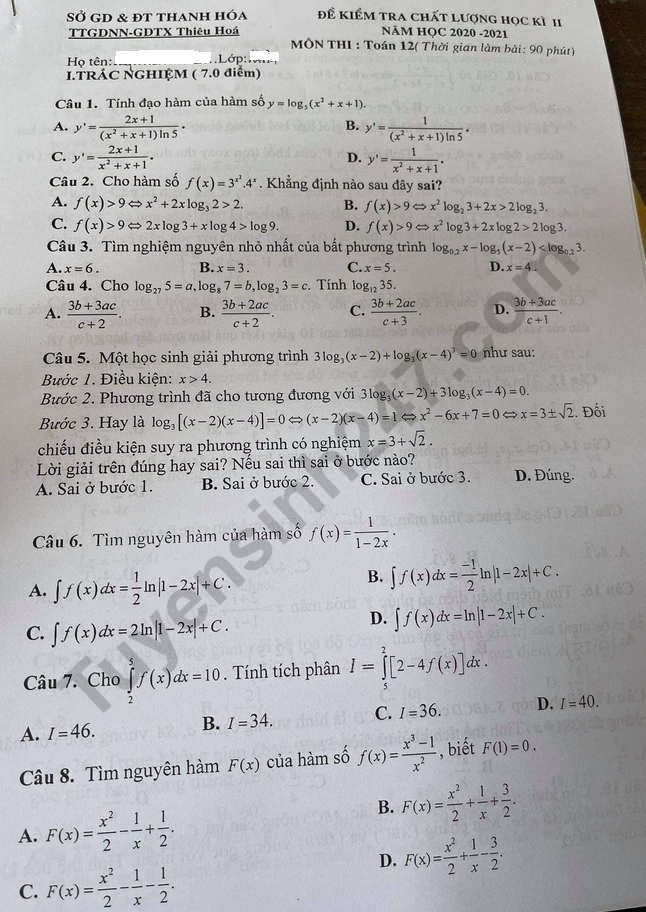 De thi ki 2 mon Toan lop 12 nam 2021 - Thieu Hoa