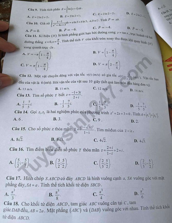 De thi ki 2 mon Toan lop 12 nam 2021 - Thieu Hoa