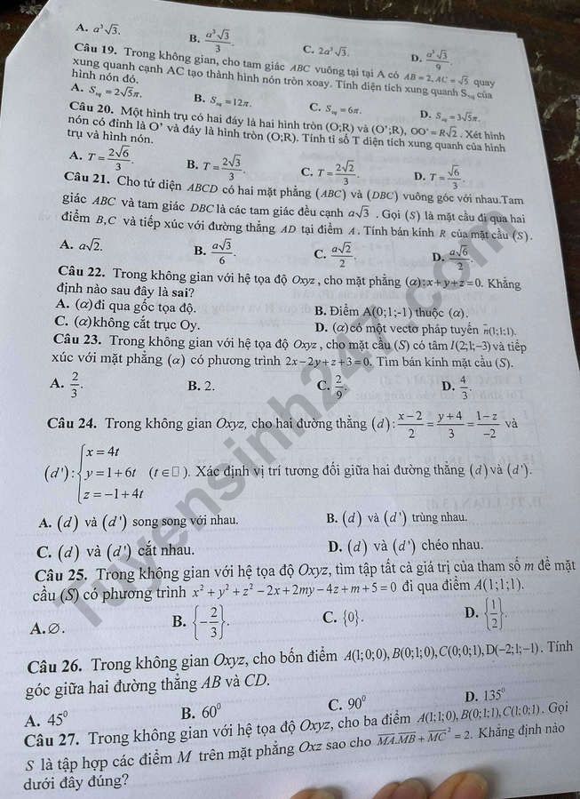 De thi ki 2 mon Toan lop 12 nam 2021 - Thieu Hoa