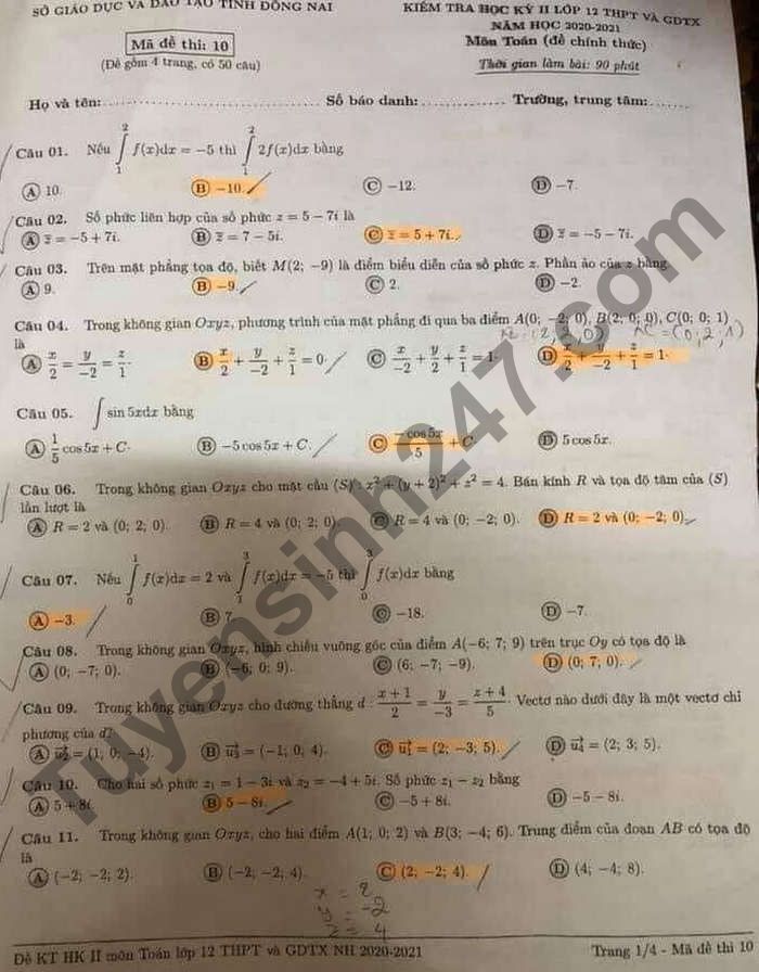 De thi hoc ki 2 lop 12 mon Toan - So GD Dong Nai 2021