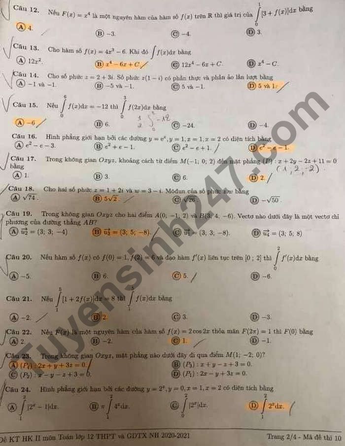De thi hoc ki 2 lop 12 mon Toan - So GD Dong Nai 2021