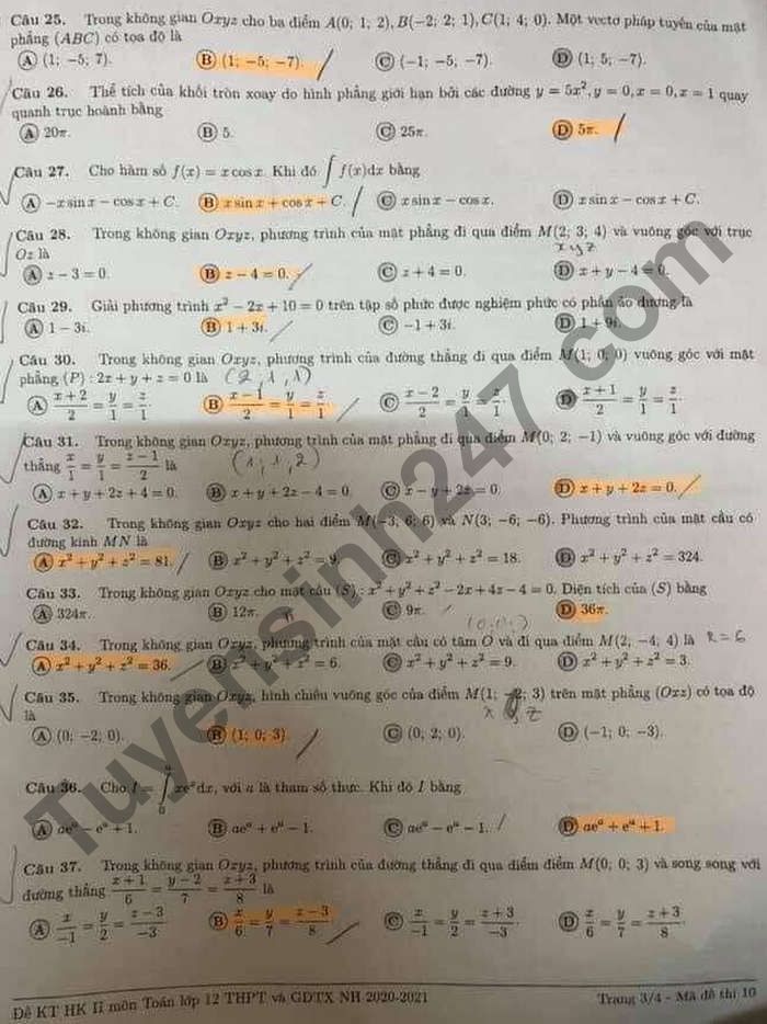 De thi hoc ki 2 lop 12 mon Toan - So GD Dong Nai 2021
