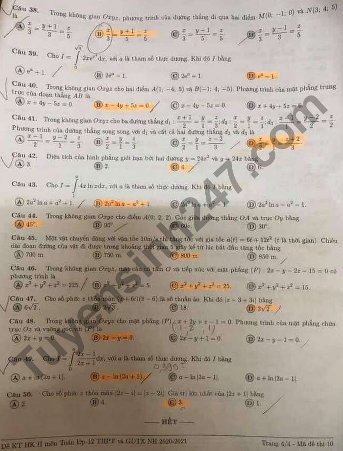 De thi hoc ki 2 lop 12 mon Toan - So GD Dong Nai 2021