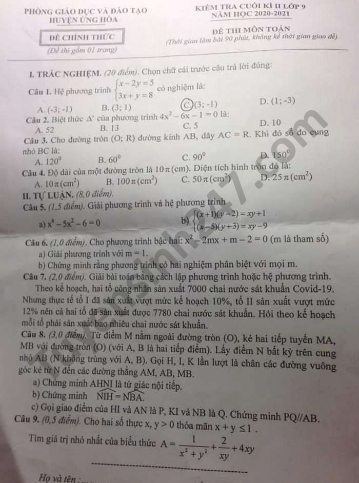 De thi hoc ki 2 mon Toan lop 9 huyen Ung Hoa nam 2021