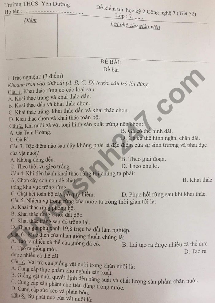 De thi hoc ki 2 Cong nghe 7 - THCS Yen Duong 2021
