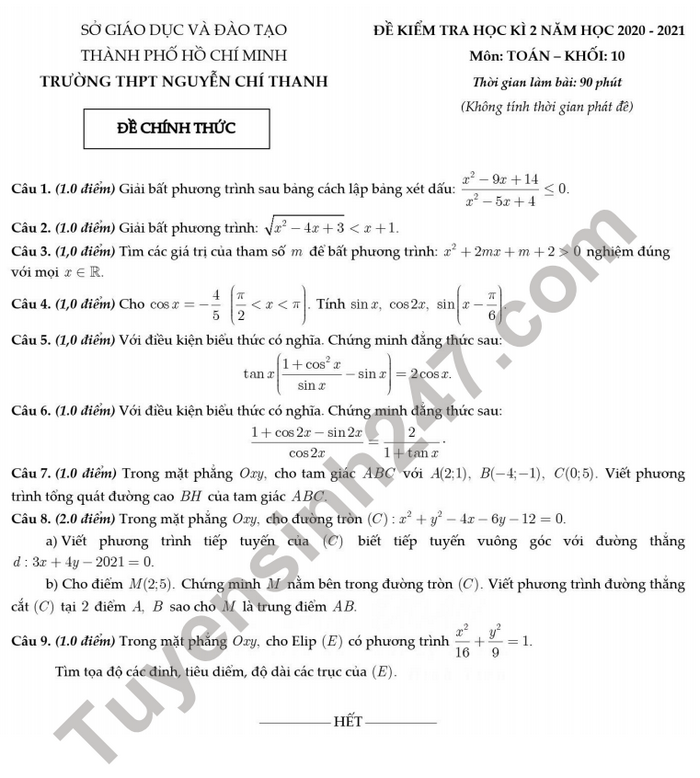 De thi hoc ki 2 mon Toan lop 10 THPT Nguyen Chi Thanh nam 2021