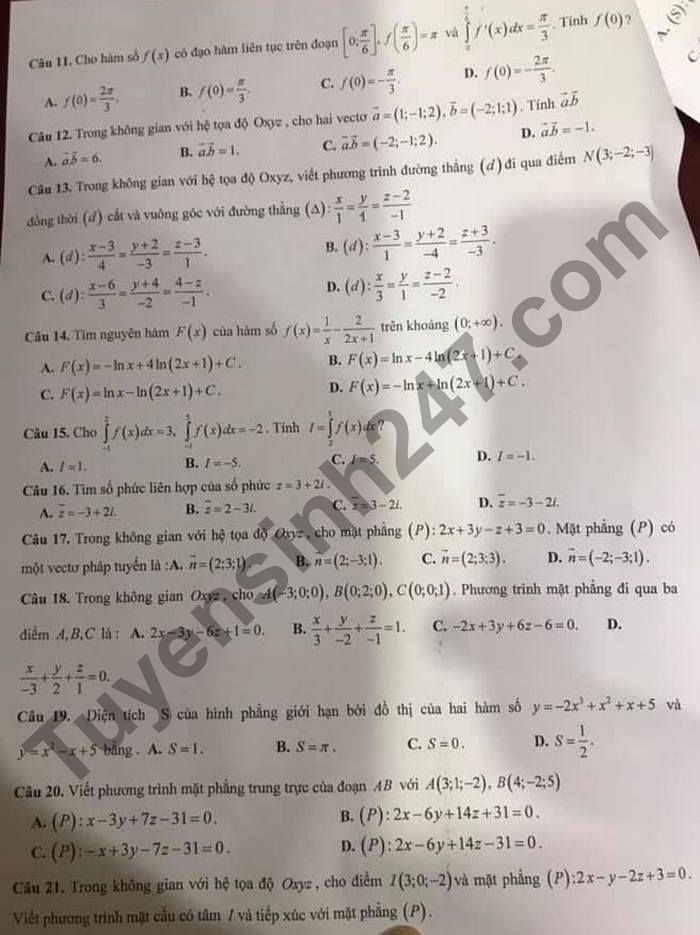 De thi hoc ki 2 mon Toan lop 12 - THPT Hong Bang 2021
