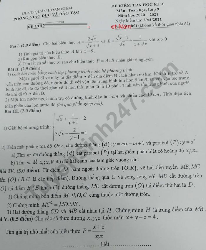De thi ki 2 mon Toan lop 9 Quan Hoan Kiem 2021