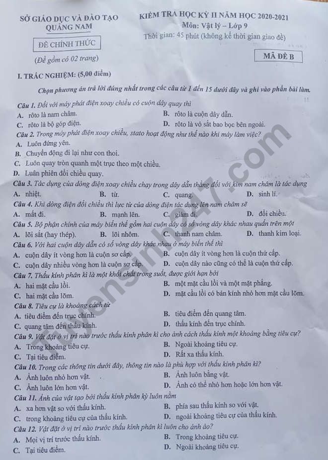 De thi ki 2 lop 9 mon Ly nam 2021 - So GD Quang Nam
