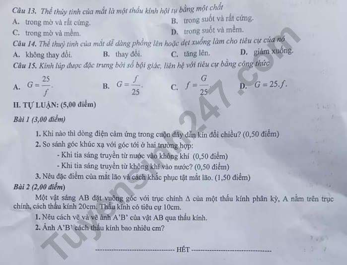 De thi ki 2 lop 9 mon Ly nam 2021 - So GD Quang Nam