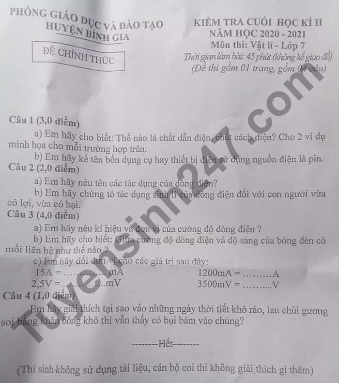 De thi hoc ki 2 mon Ly lop 7 - Huyen Binh Gia 2021