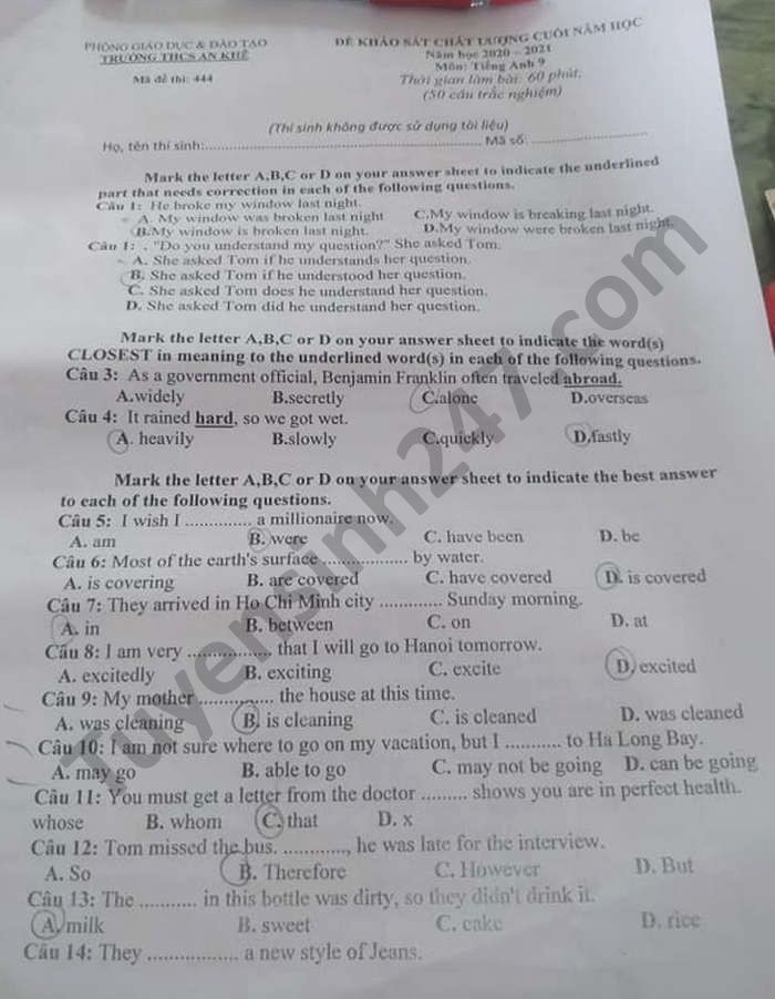 De thi hoc ki 2 nam 2021 mon Anh lop 9 THCS An Khe