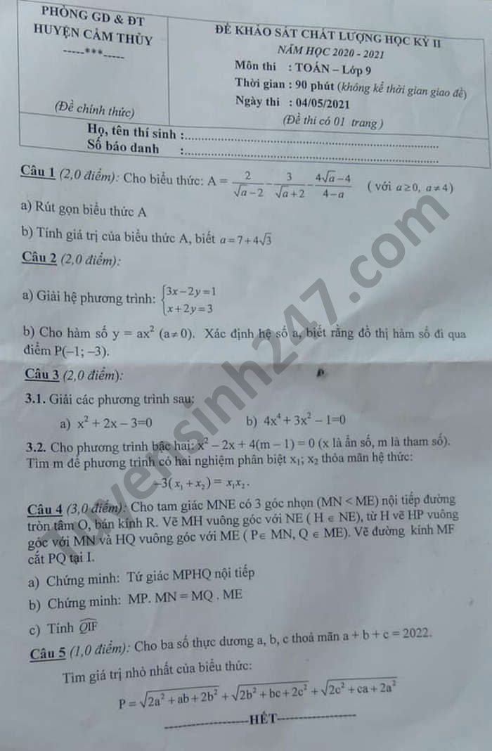 De thi hoc ki 2 mon Toan lop 9 Huyen Cam Thuy nam 2021
