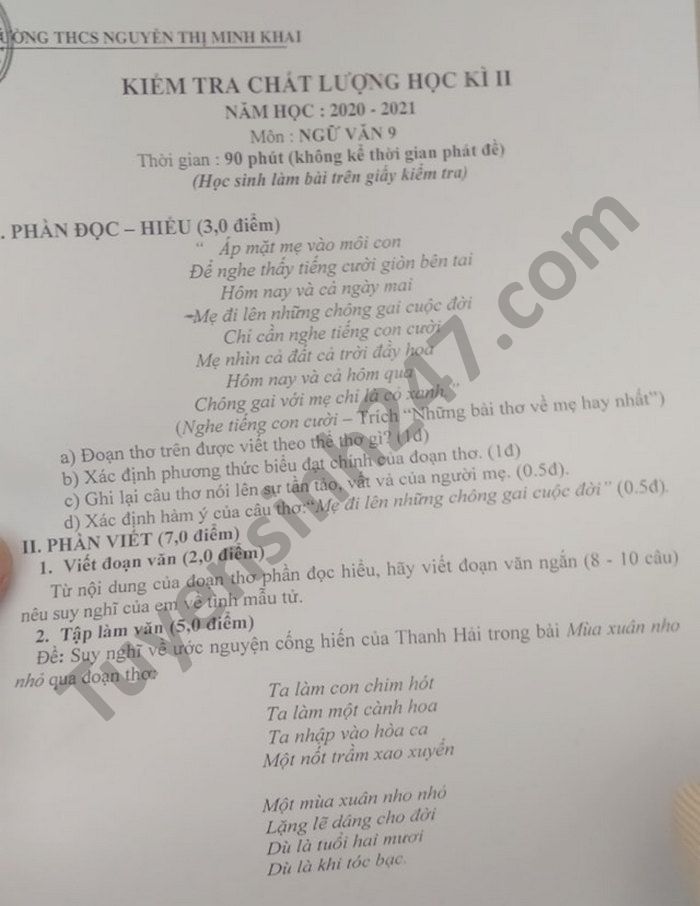 De thi hoc ki 2 nam 2021 mon Van lop 9 THCS Nguyen Thi Minh Khai