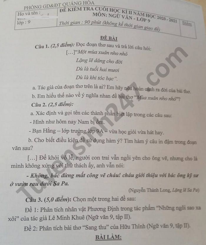De thi hoc ki 2 mon Van lop 9 Phong GD Quang Hoa nam 2021