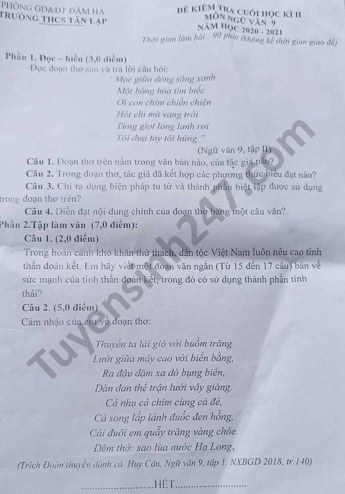 De thi hoc ki 2 nam 2021 mon Van lop 9 THCS Tan Lap