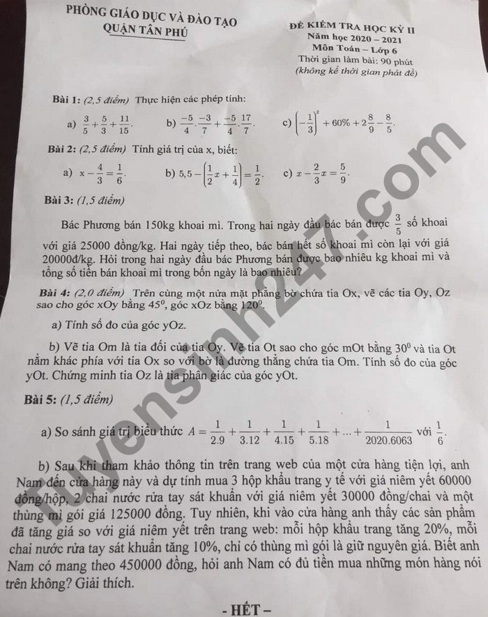De thi hoc ki 2 nam 2021 mon Toan lop 6 - Quan Tan Phu