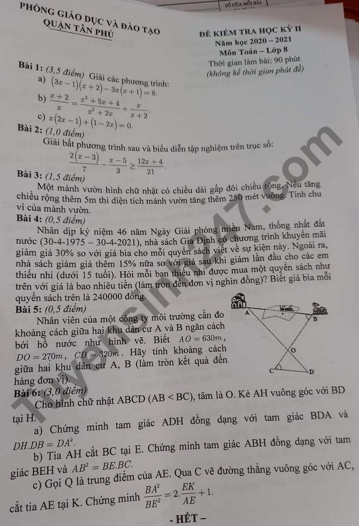 De thi hoc ki 2 lop 8 mon Toan 2021 - Quan Tan Phu