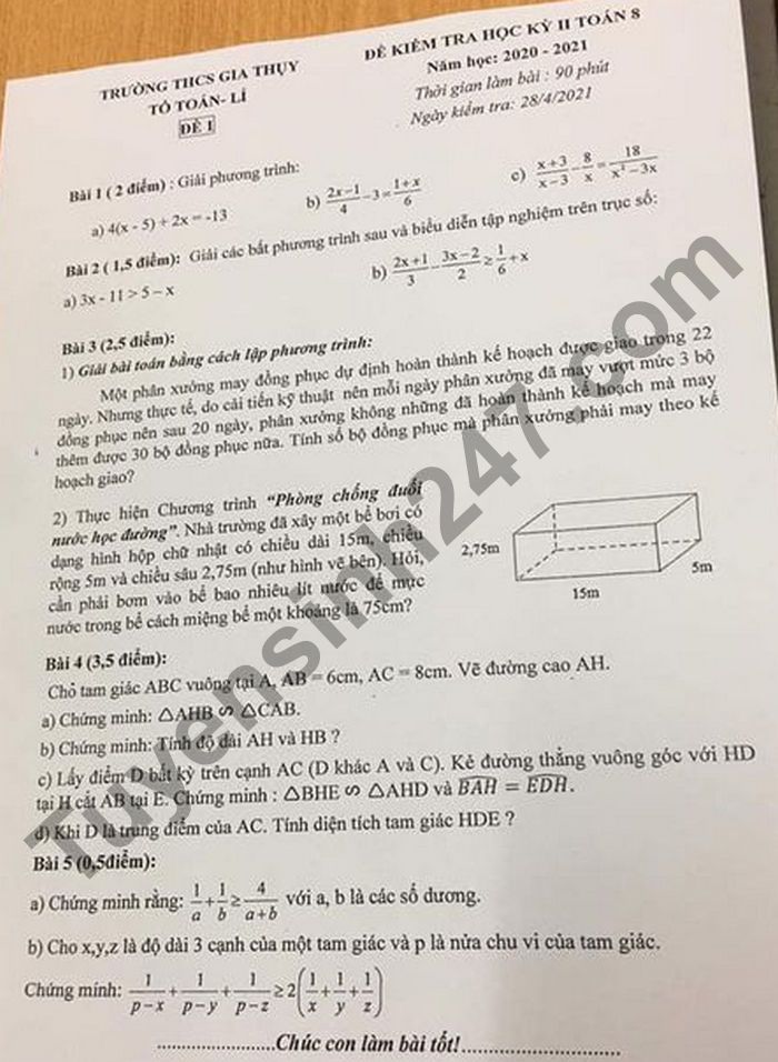 De thi hoc ki 2 mon Toan lop 8 - THCS Gia Thuy 2021