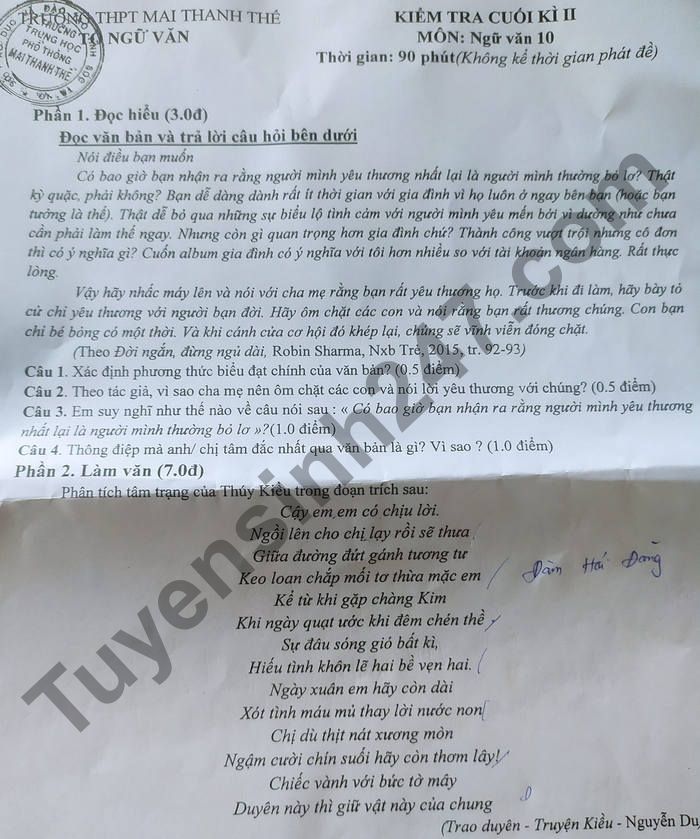 De thi cuoi ki 2 Van lop 10 - THPT Mai Thanh The 2021