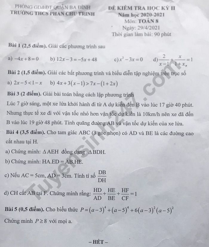 De thi hoc ki 2 lop 8 mon Toan - THCS Phan Chu Trinh 2021