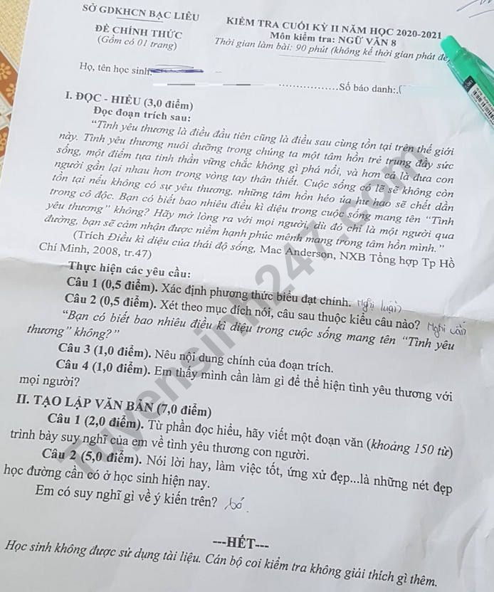 De thi ki 2 mon Van lop 8 - So GD Bac Lieu 2021