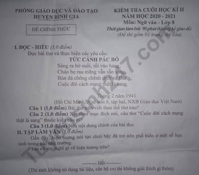 De thi ki 2 lop 8 mon Van 2021 - Phong GD Binh Gia