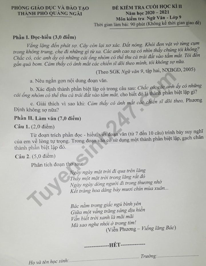 De thi ki 2 lop 9 nam 2021 mon Van - Phong GD Quang Ngai