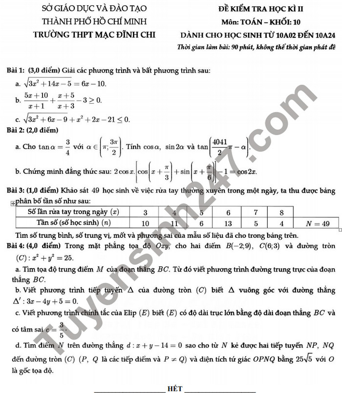 De thi hoc ki 2 mon Toan lop 10 - THPT Mac Dinh Chi 2021