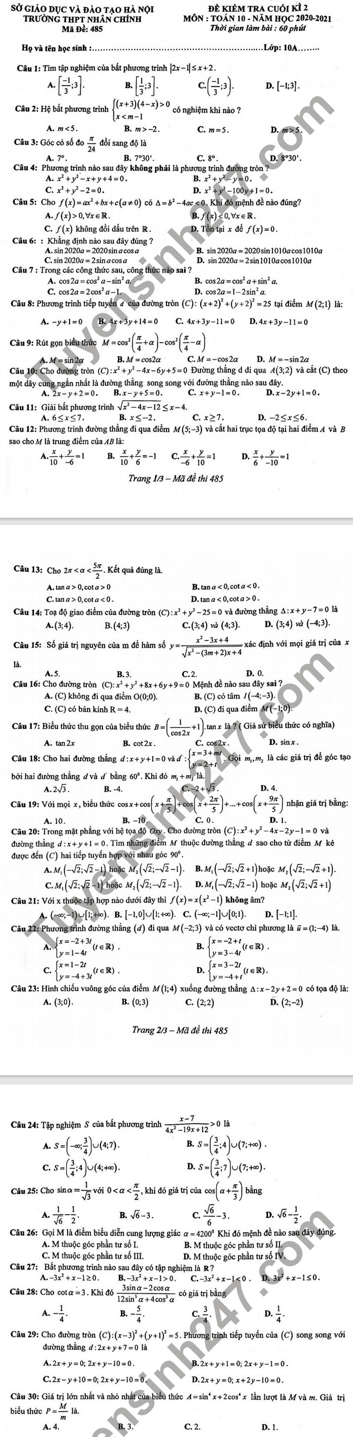 De thi cuoi ki 2 mon Toan lop 10 - THPT Nhan Chinh 2021