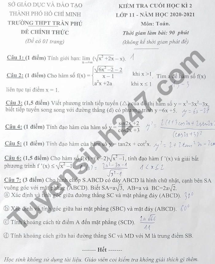 De thi hoc ki 2 lop 11 mon Toan 2021 - THPT Tran Phu