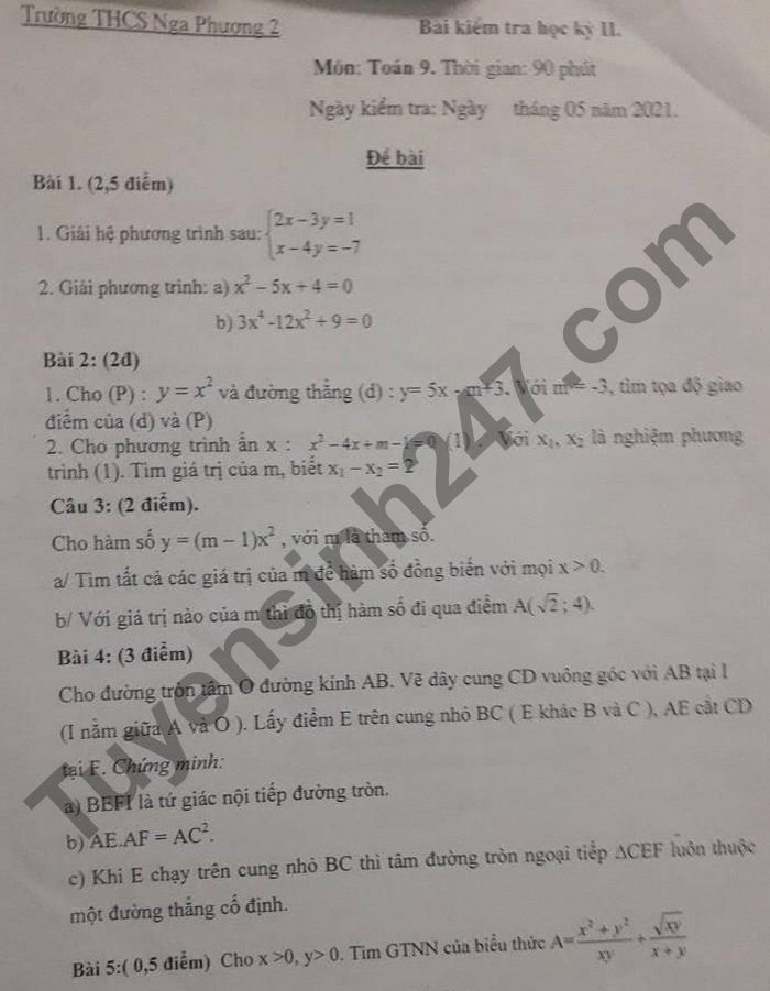 De thi hoc ki 2 mon Toan lop 9 THCS Nga Phuong 2 nam 2021
