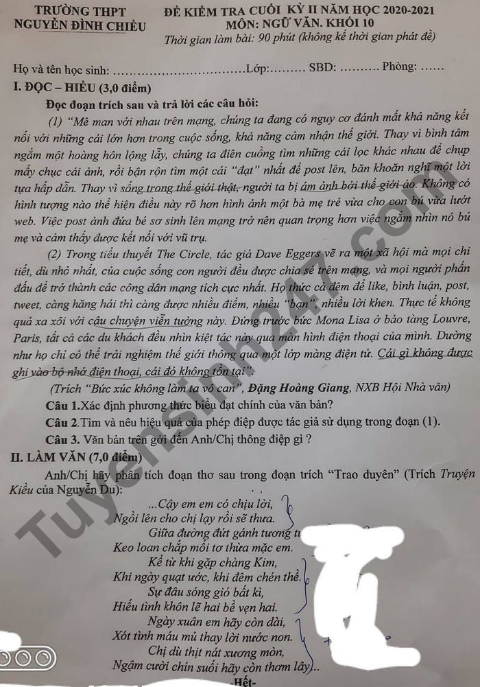 De thi hoc ki 2 mon Van lop 10 - THPT Nguyen Dinh Chieu 2021