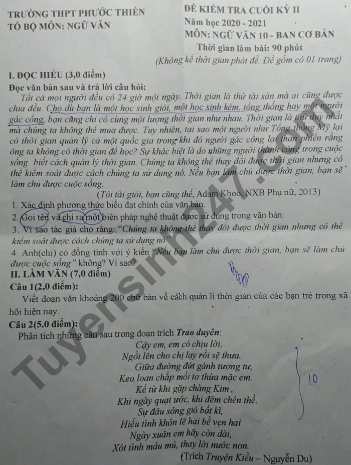 De thi cuoi ki 2 nam 2021 THPT Phuoc Thien lop 10 mon Van