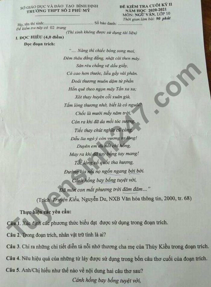 De thi ki 2 nam 2021 mon Van lop 10 - THPT So 2 Phu My