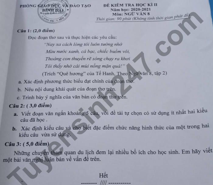 De thi hoc ki 2 lop 8 mon Van - Phong GD Binh Dai 2021