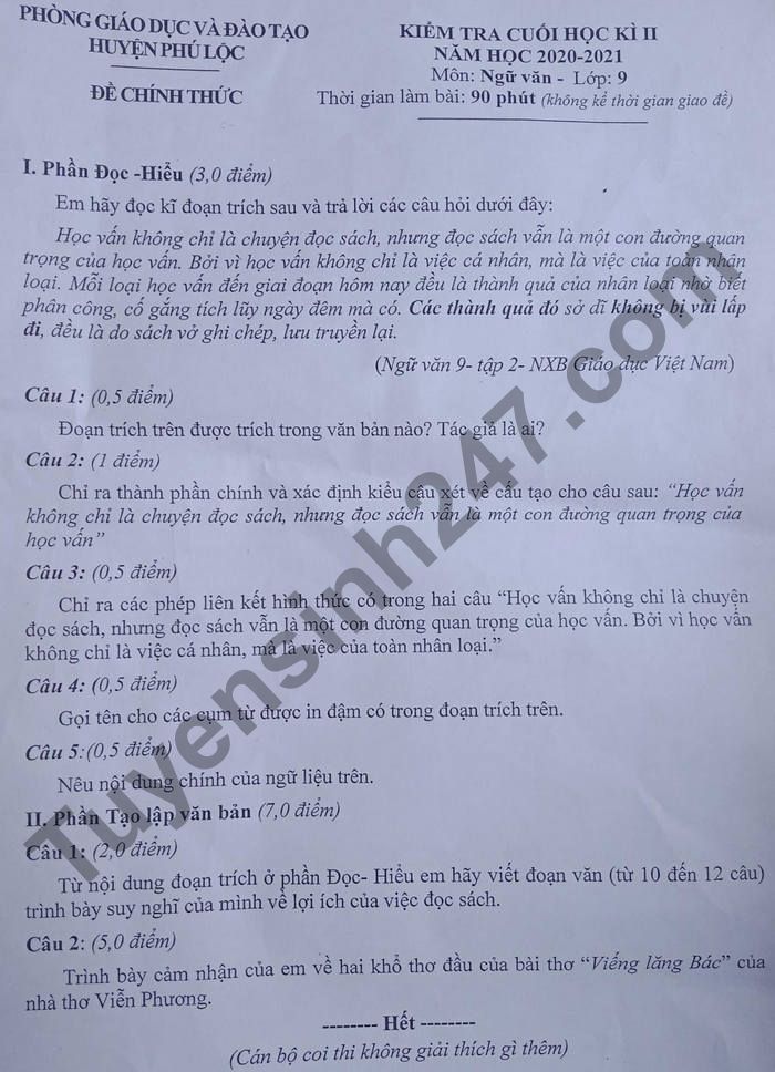 De thi cuoi ki 2 mon Van lop 9 - Huyen Phu Loc 2021