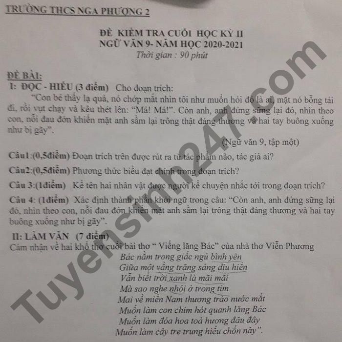 De thi hoc ki 2 lop 9 mon Van 2021 - THCS Nga Phuong 2