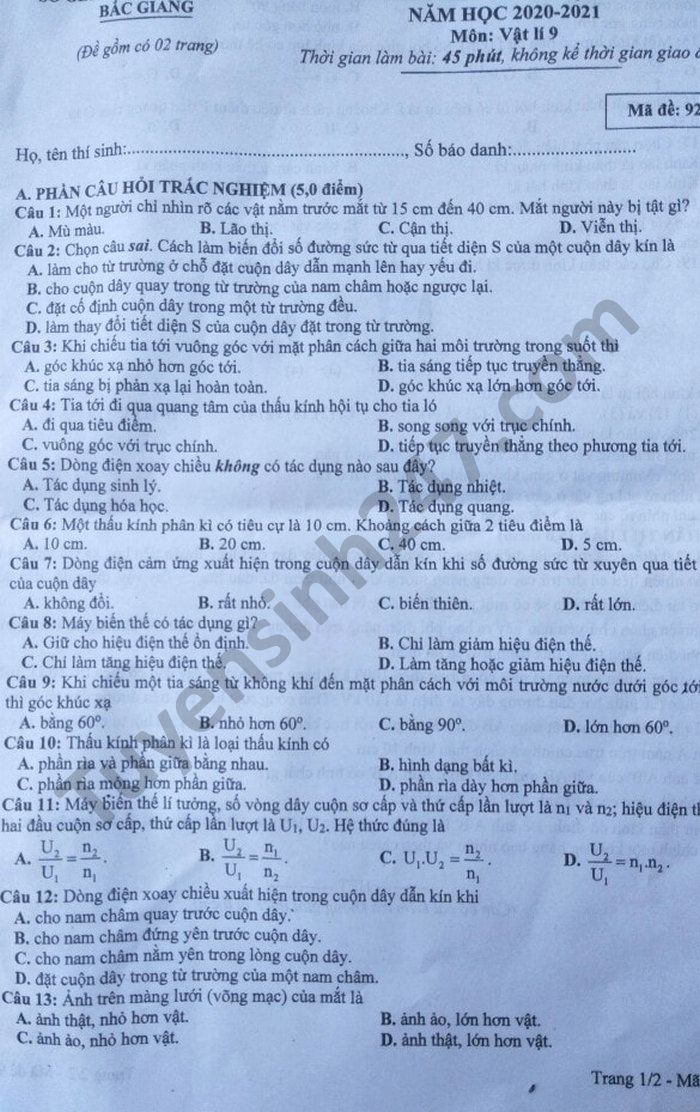 De thi hoc ki 2 nam 2021 tinh Bac Giang mon Ly lop 9